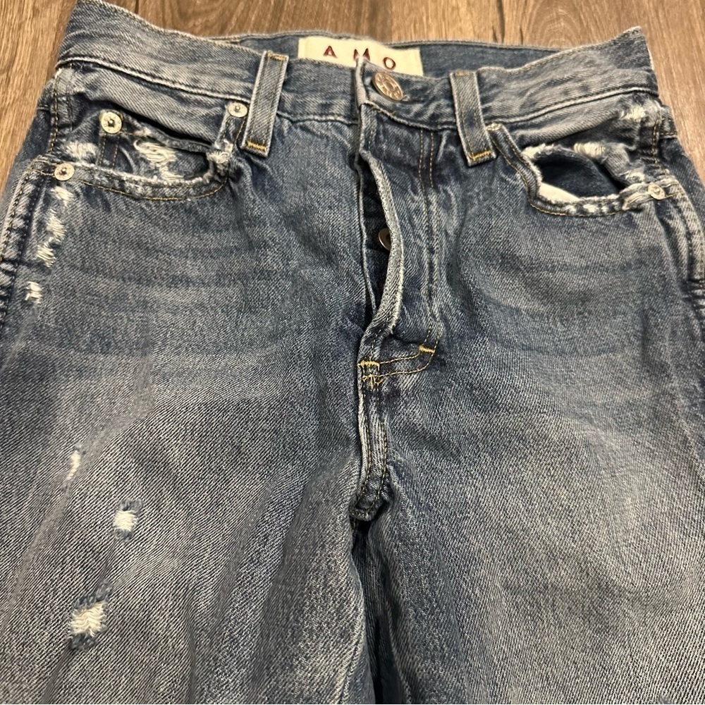 AMO Loverboy Freedom Blue Distressed Cropped Raw Hem Jeans in Retro Size 23 - Picture 2 of 13